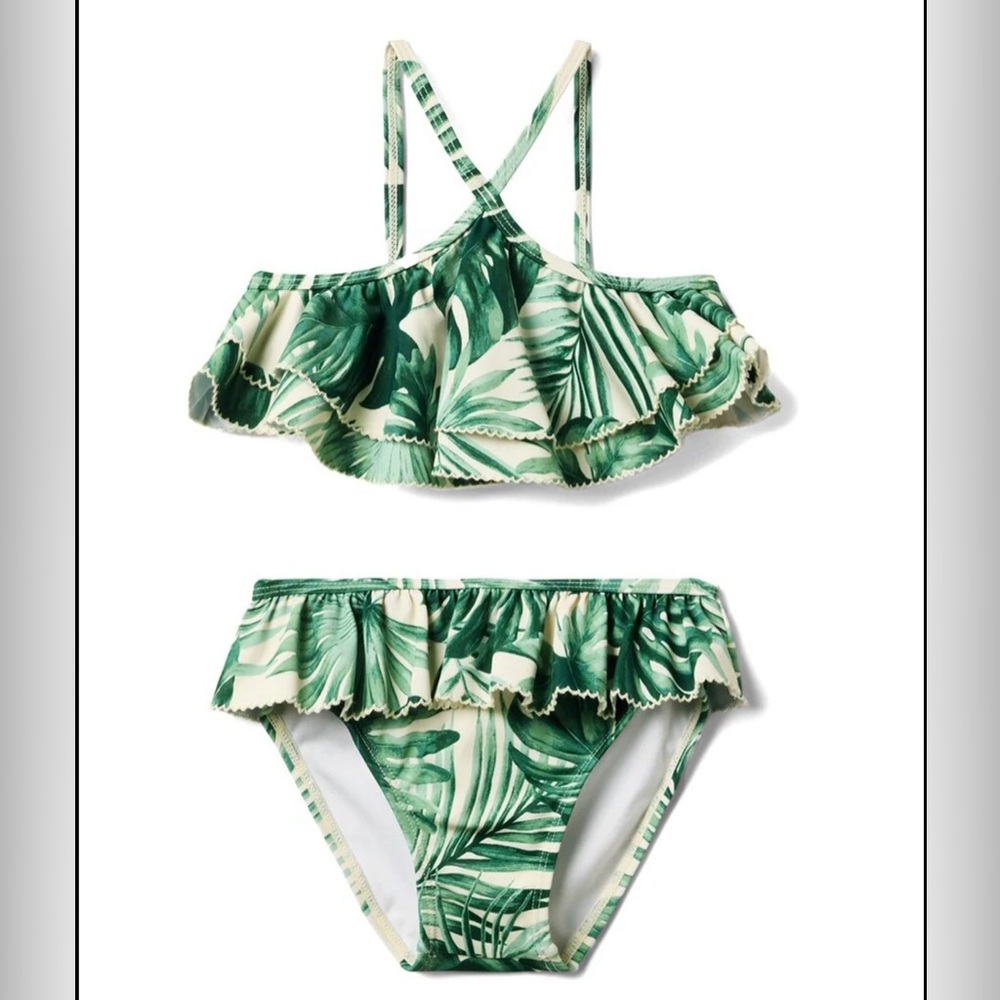 • Janie and Jack • Girls Ruffle Palm Print Bikini Swimsuit
Green / Cream 2T